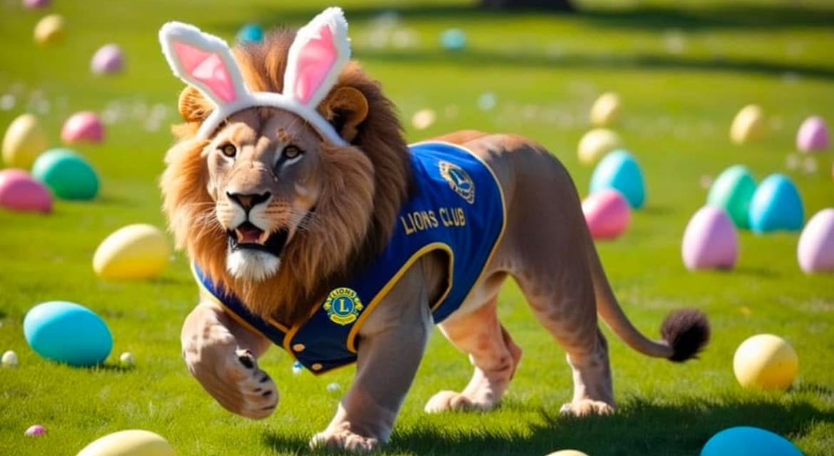 Lion with easter bunny ears on running through field of easter eggs